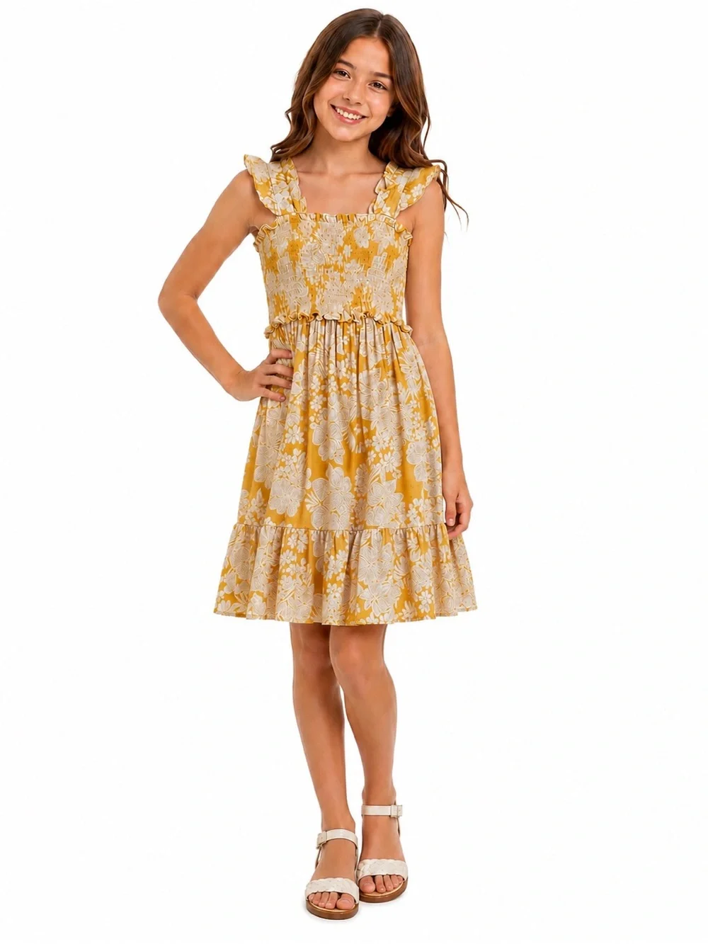 Janie and Jack Emily Yellow Nugget Floral Smocked Sundress Girls Size 14 Cotton